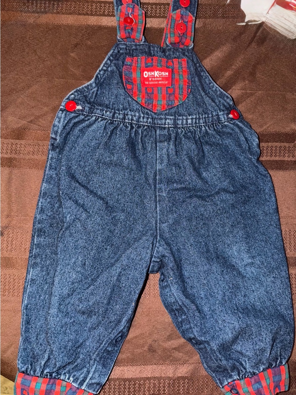 OshKosh B'gosh Blue Denim Overalls with Red Plaid Trim